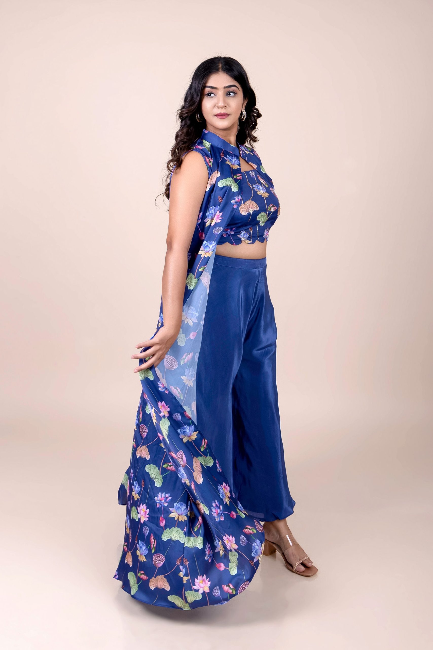 Blue Printed 3Pc Shrug Set, Croptop Palazzo With Hand Embroidery, Flared Palazzo Pants, Indowestern Outfits For Women, Partywear Jacket Dress