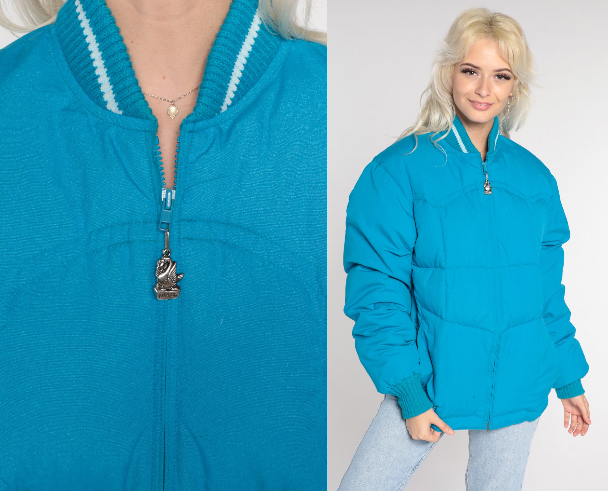 Blue Puffer Jacket 80S Ski Goose Down Retro Puffy Coat Turquoise Winter Plain 1980S Puff Medium