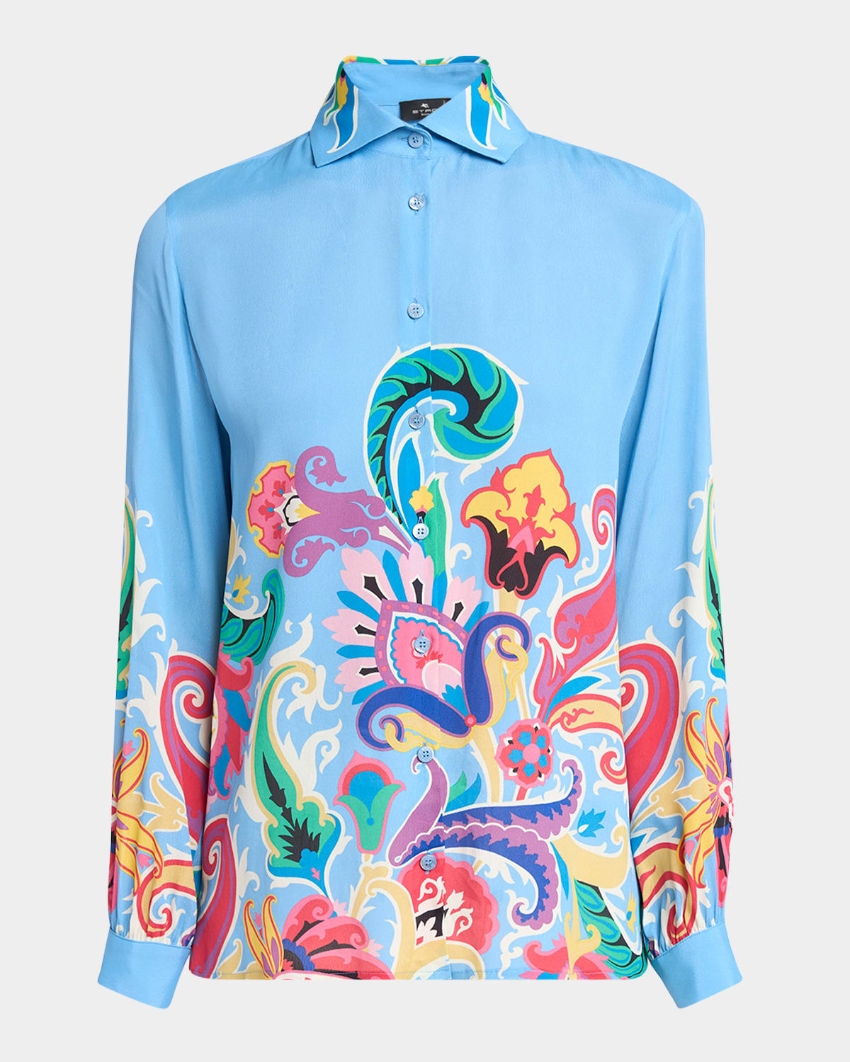 Blue Summer Artwork Silk Button-Down Tunic Top