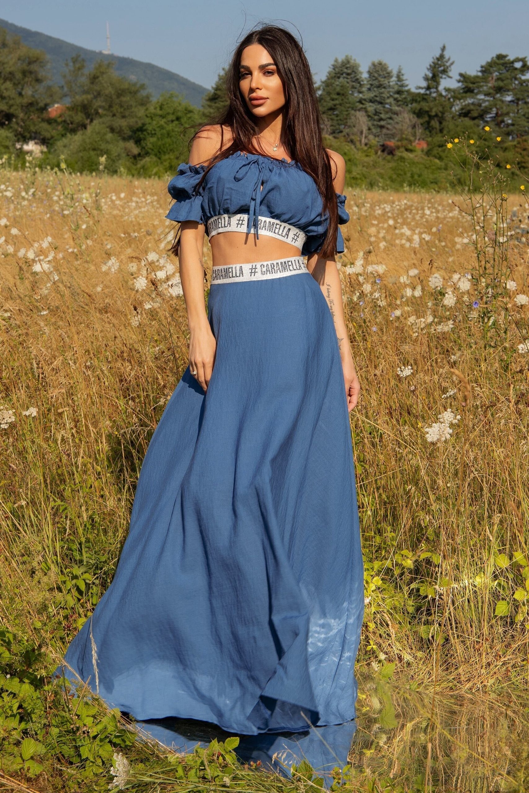 Blue Summer Set | Two-Piece Casual Off-The-Shoulder Crop Top & Long Maxi Skirt Designer By Caramella Fashion - 082195