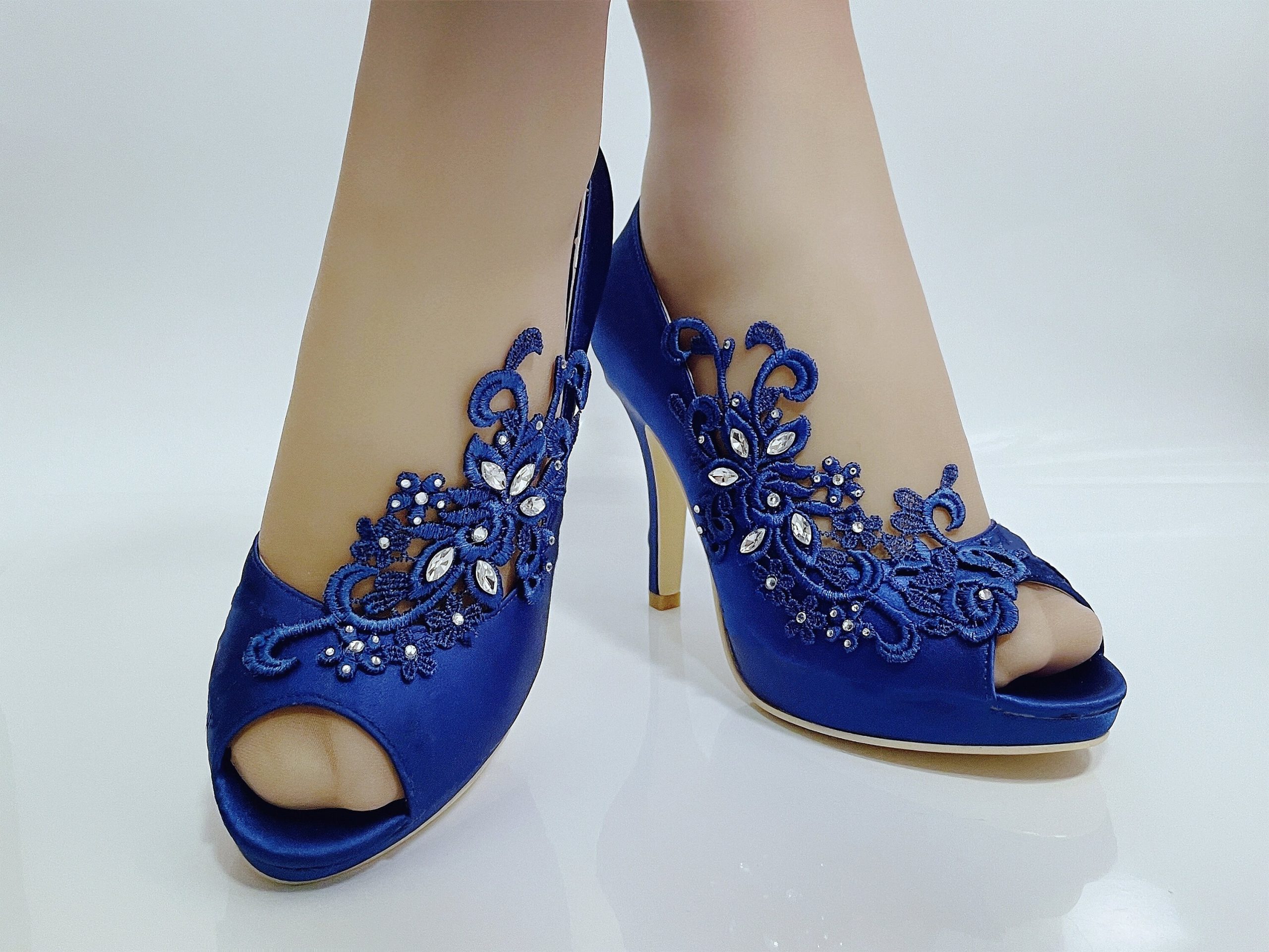 Blue Wedding Shoes For Bride, Bridal Heel, Asymmetric Embellished Royal Satin Peep Open Toe Wedges Platform Lace Rhinestones Pearl Handmade