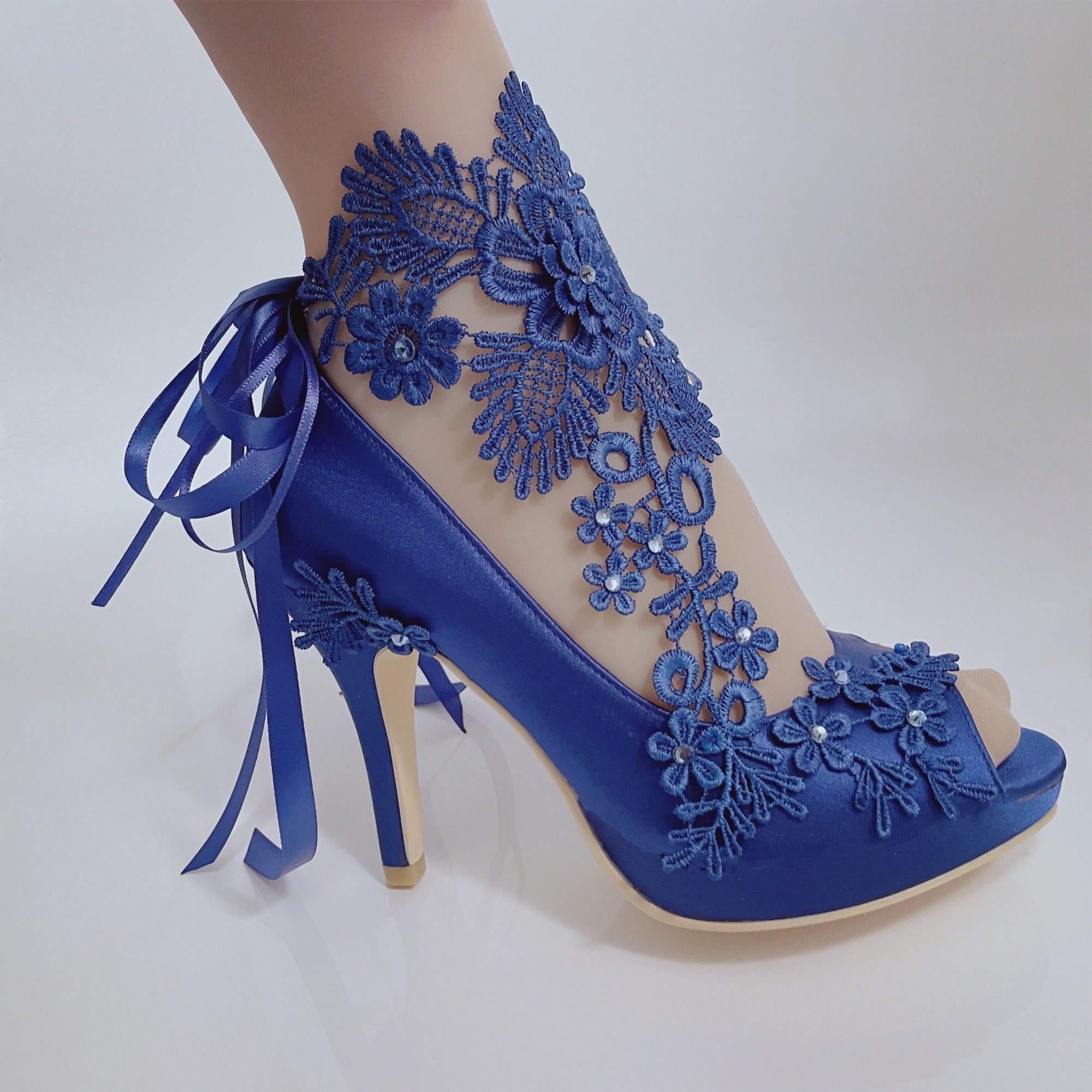 Blue Wedding Shoes For Bride, Bridal Heel, Royal Ankle Ribbon Satin Peep Open Toe Wedges Platform Bridal Lace Rhinestones Handmade