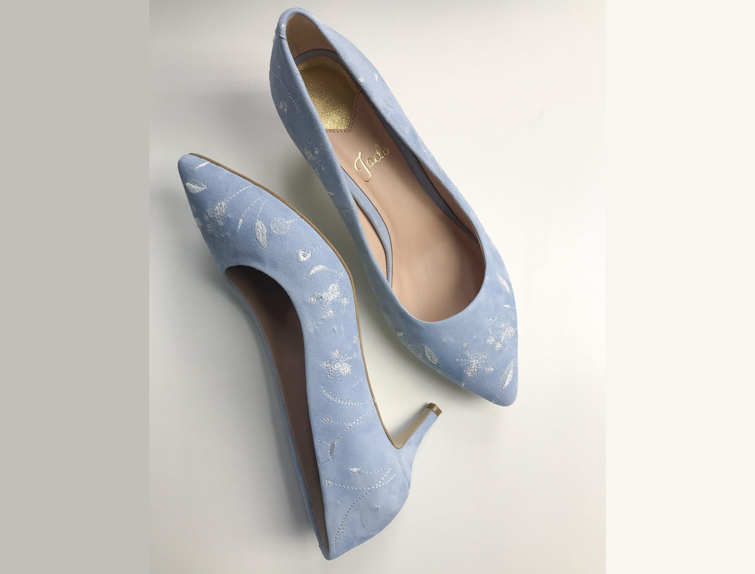 Blue Wedding Shoes With Kitten Heel & Floral Handmade Embroidery, Bridal Pumps From Natural Suede Pointy Toe, Something