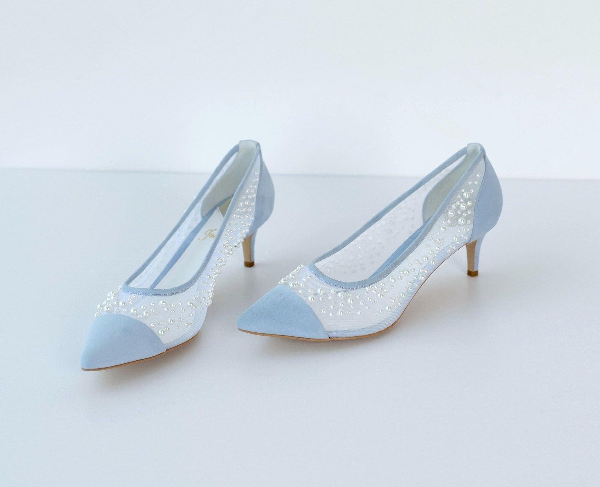 Blue Wedding Shoes With Low Kitten Heels & Handmade Pearl Embroidery, Bridal Pumps Closed Pointy Toe From Something Suede