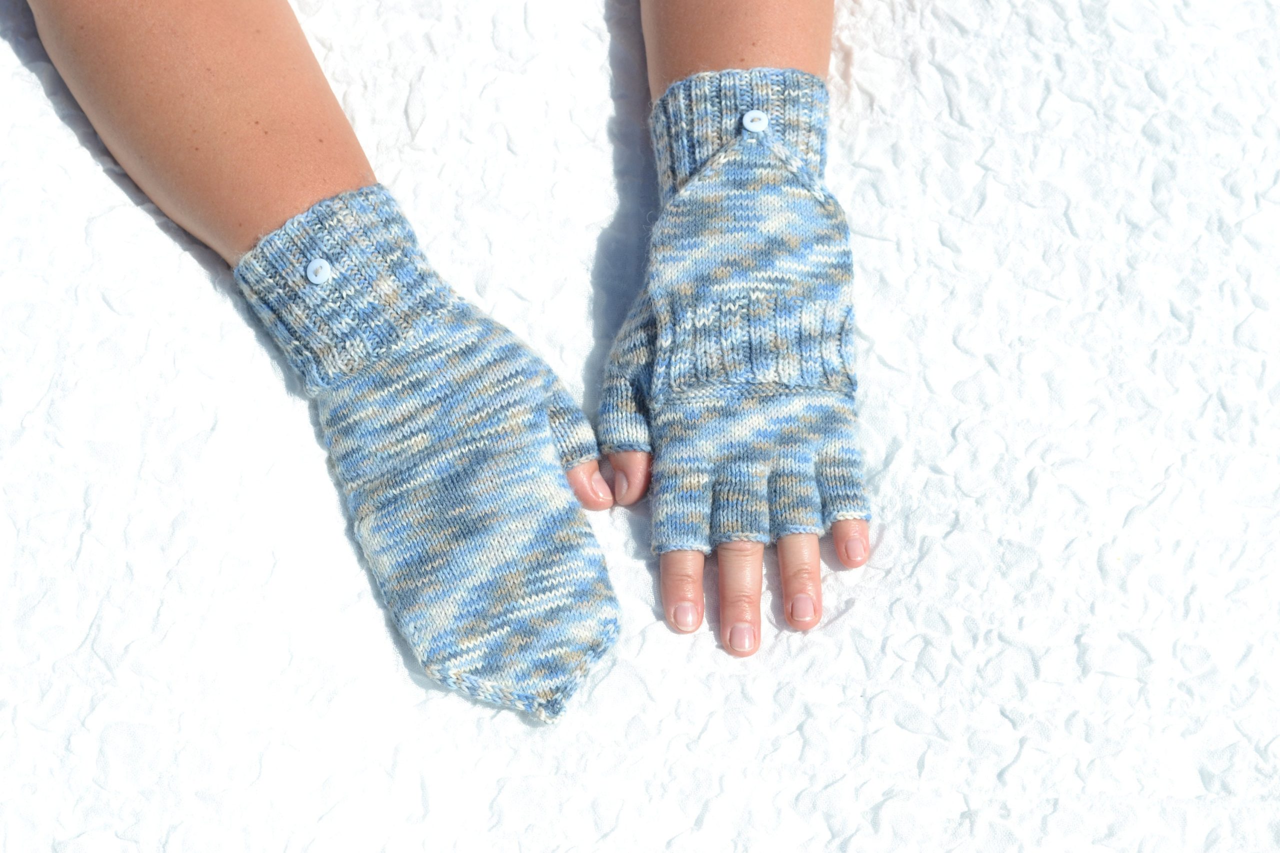 Blue, White, Beige Convertible Mittens, Hand Knitted Flip Top Handmade Woolen Glomitts, Winter/Fall Mittens For Women