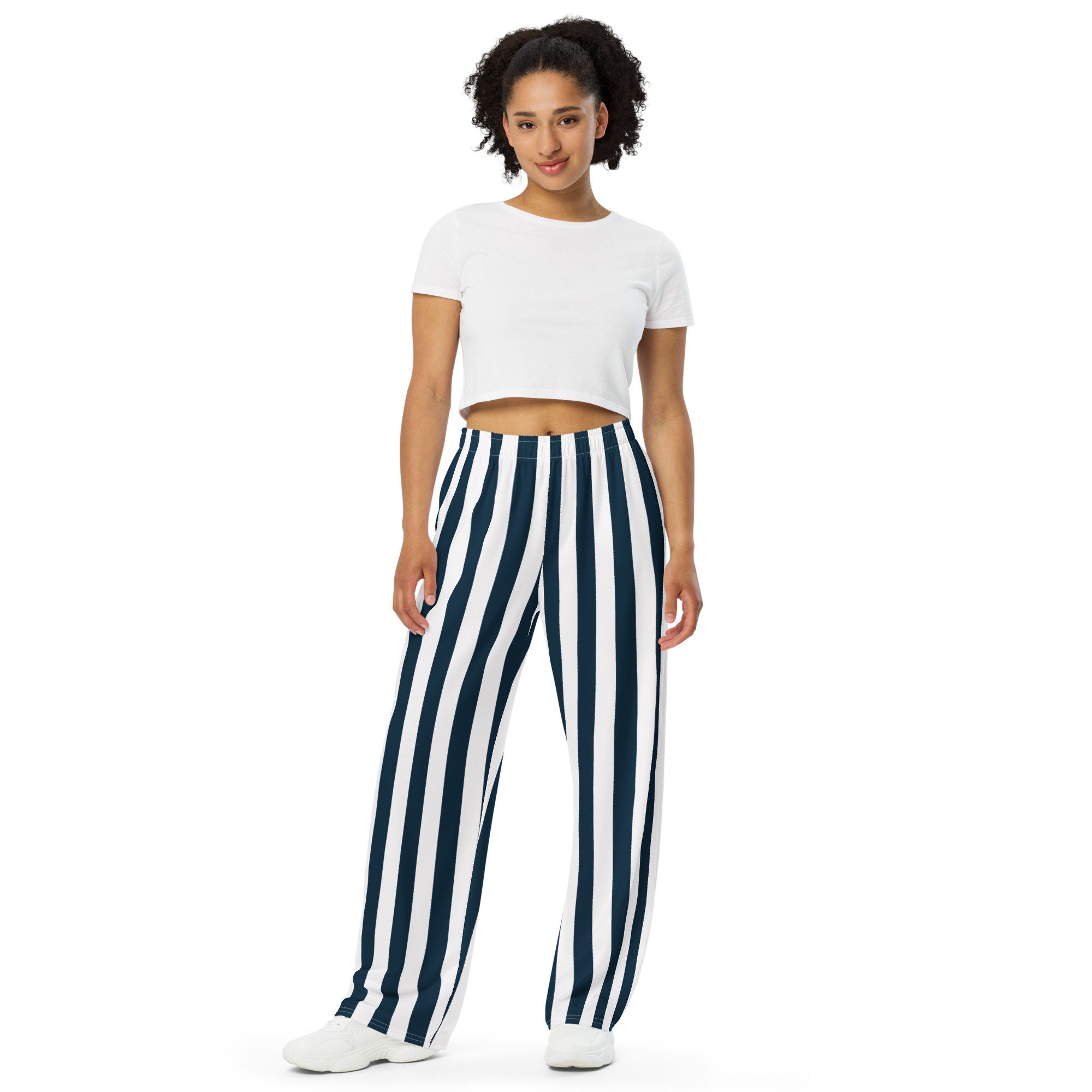 Blue & White Stripes All-Over Print Unisex Wide-Leg Pants, Nautical Theme Pants