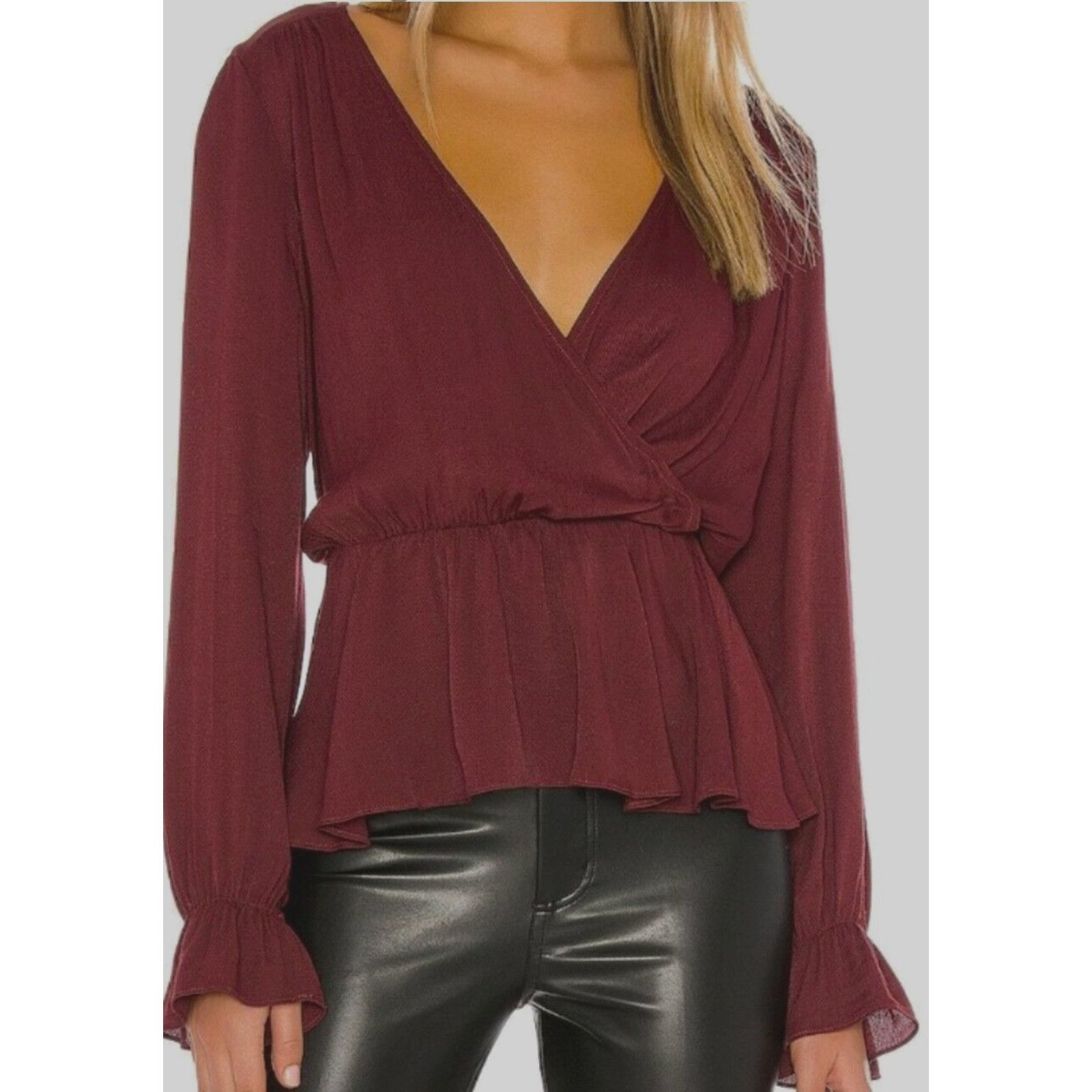 Bobi Black Wine Faux Wrap Peplum Top Ruffle Sleeve Vneck S in Red, Women's (Size Small)