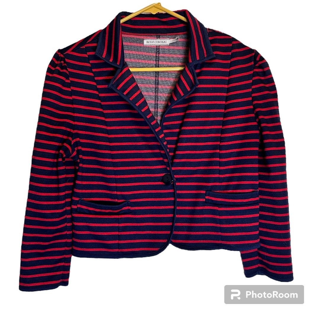 Body Central Women's Medium Blue Red Stripes Cropped Blazer