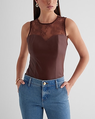 Body Contour High Neck Faux Leather Lace Bodysuit