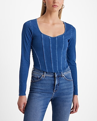 Body Contour Medium Denim Long Sleeve Corset Top