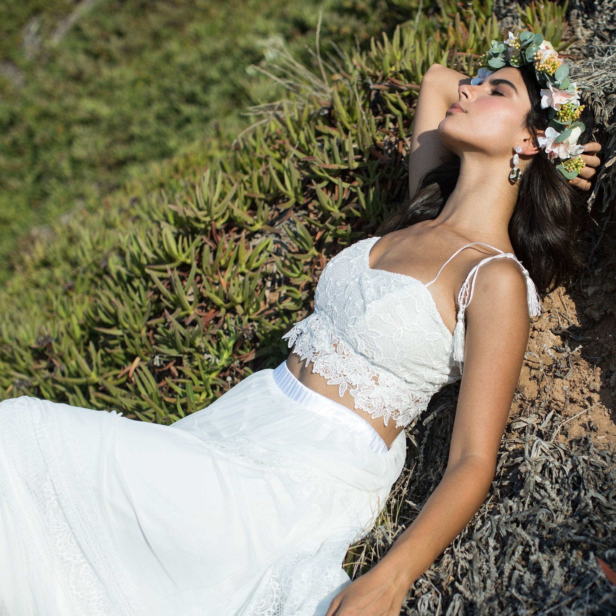 Boho Wedding Dress, White Bridal Separates, Two Piece Top & Skirt, Lace Bodice, Maxi Sleeveless Crop Top, Alternative Dress