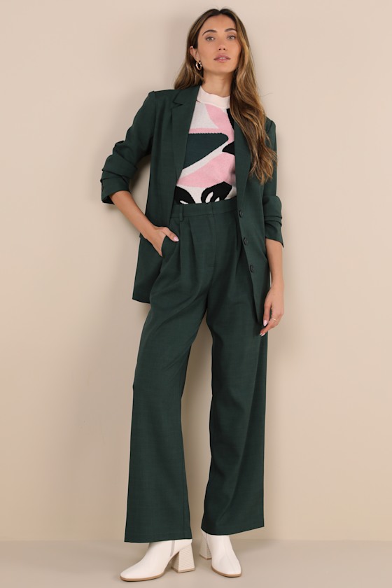 Bold Poise Dark Green High-Rise Straight-Leg Trouser Pants