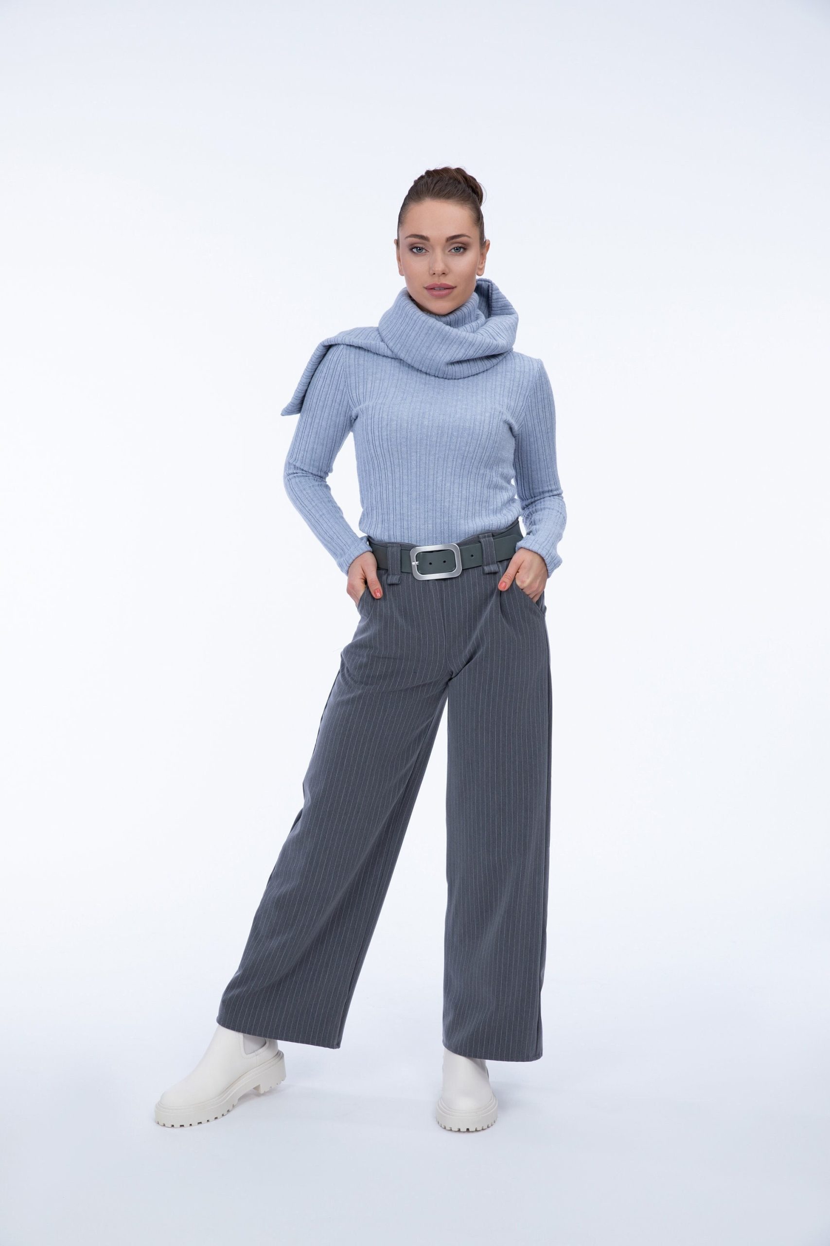 Bootcut Pants Ladies, Ankle Length With High Waist, Wide Leg, Stretch Gabardine, Blue, Black, Gray Pinstripe, Long Classic, Women Style