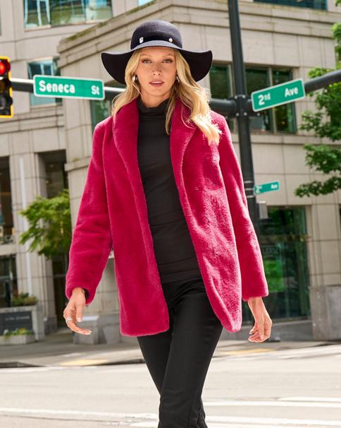 Boston Proper - Cerise Pink - Shawl Collar Faux Fur Coat - XS