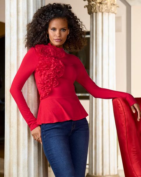 Boston Proper - Racing Red - Mock Neck Chiffon Peplum Top - XS