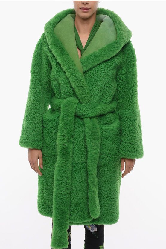 Bottega Veneta Lamb Fur Wrap Coat With Hood in Green, Women's (Size XS)