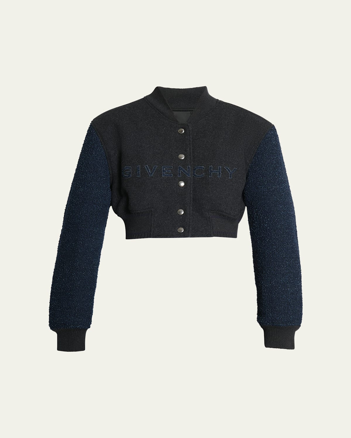 Boucle-Sleeves Crop Varsity Jacket