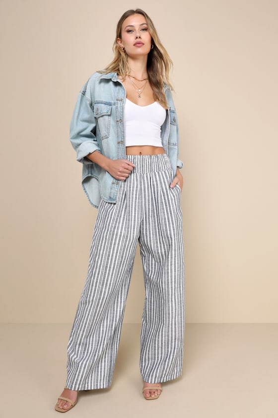 Breezy Getaway Blue and White Striped Linen Wide-Leg Pants