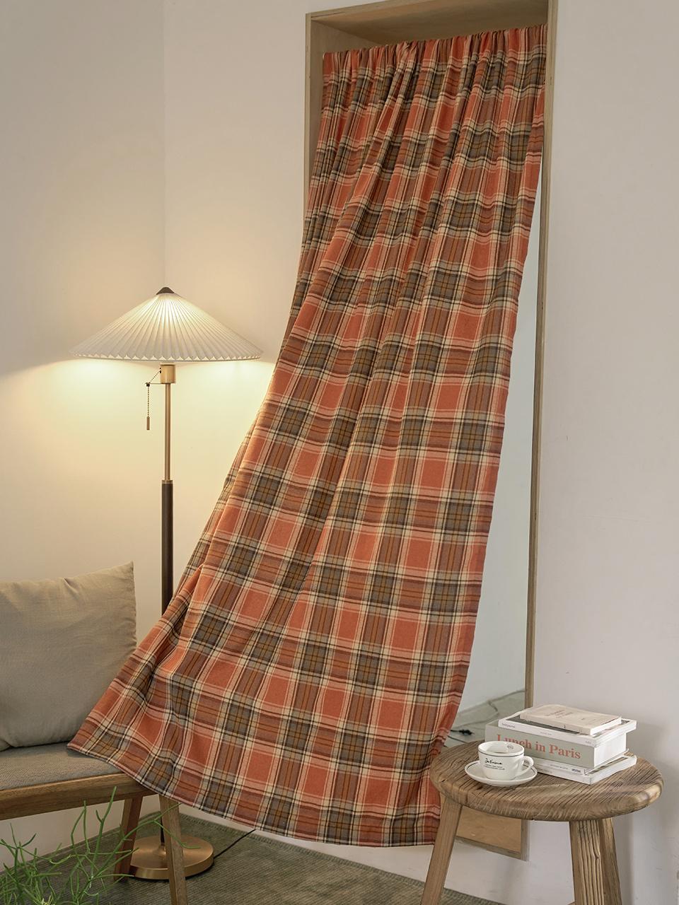 Brick Check Pattern Fleece-Lined Privacy Windbreaker Curtain