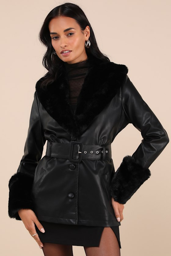 Brooklyn Black Faux Fur Belted Short Coat