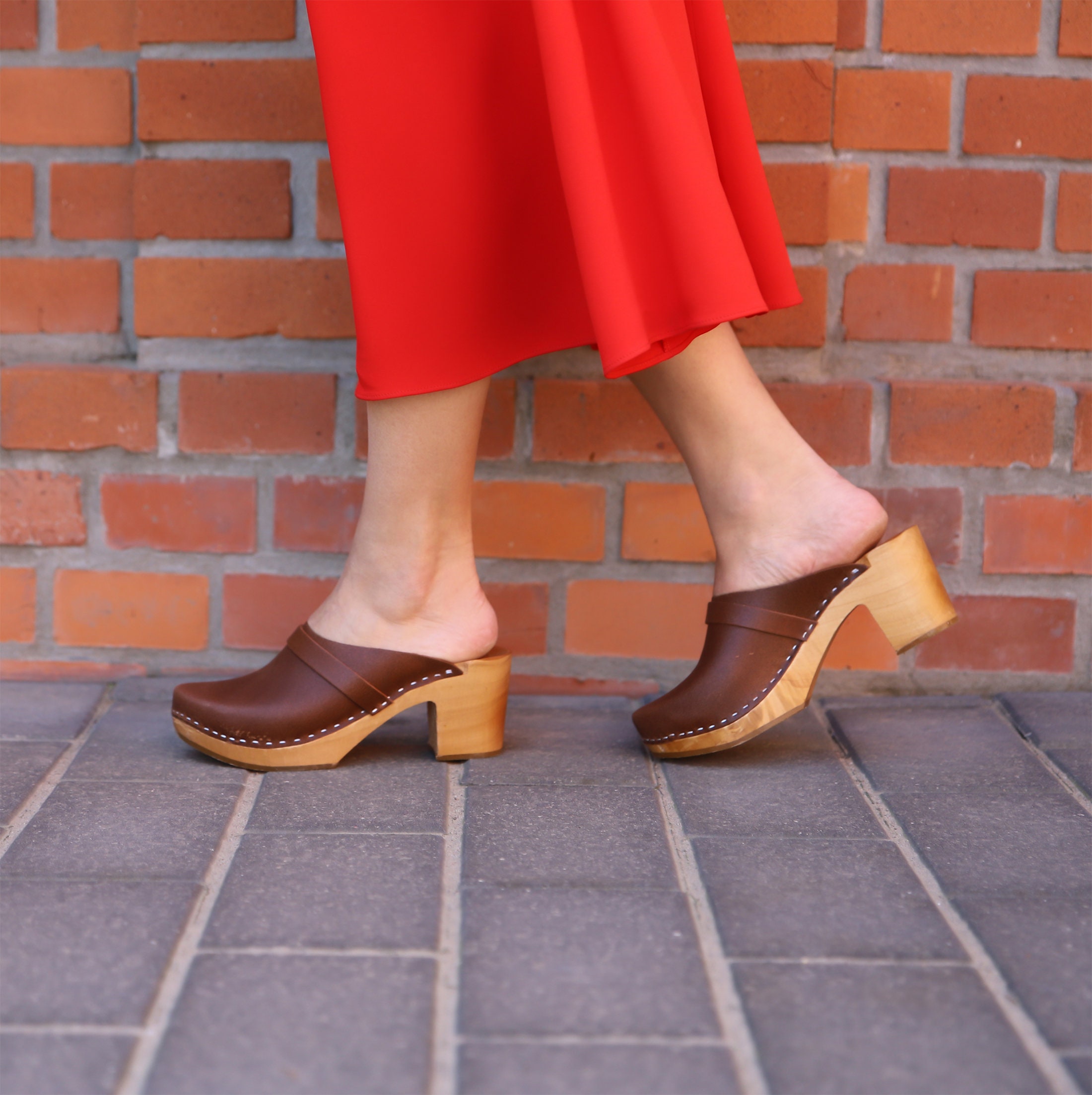 Brown Clog With Strap Vintage Look, Wooden Swedish Clogs, Slingback Shoes, Bohemian Shoes Women By Kulikstyle