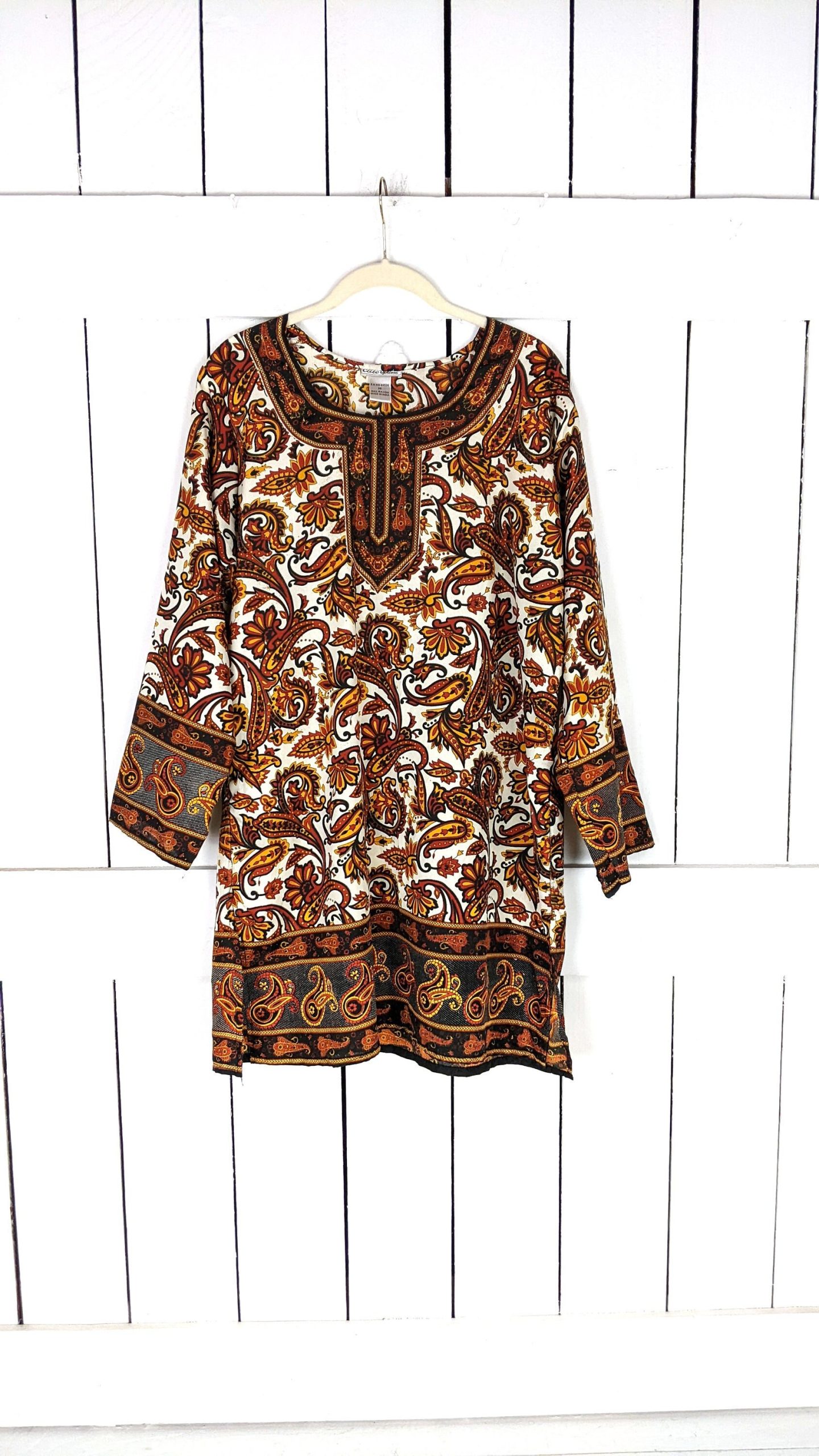 Brown Floral Paisley Long Sleeve Tunic Top Dress