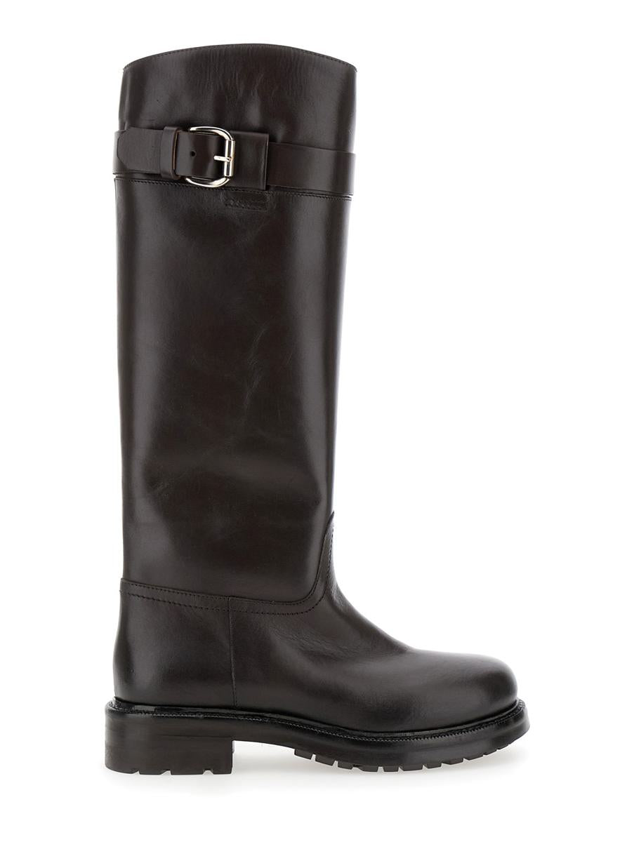 Brown Knee-High Boots With Buckle In Leather Woman