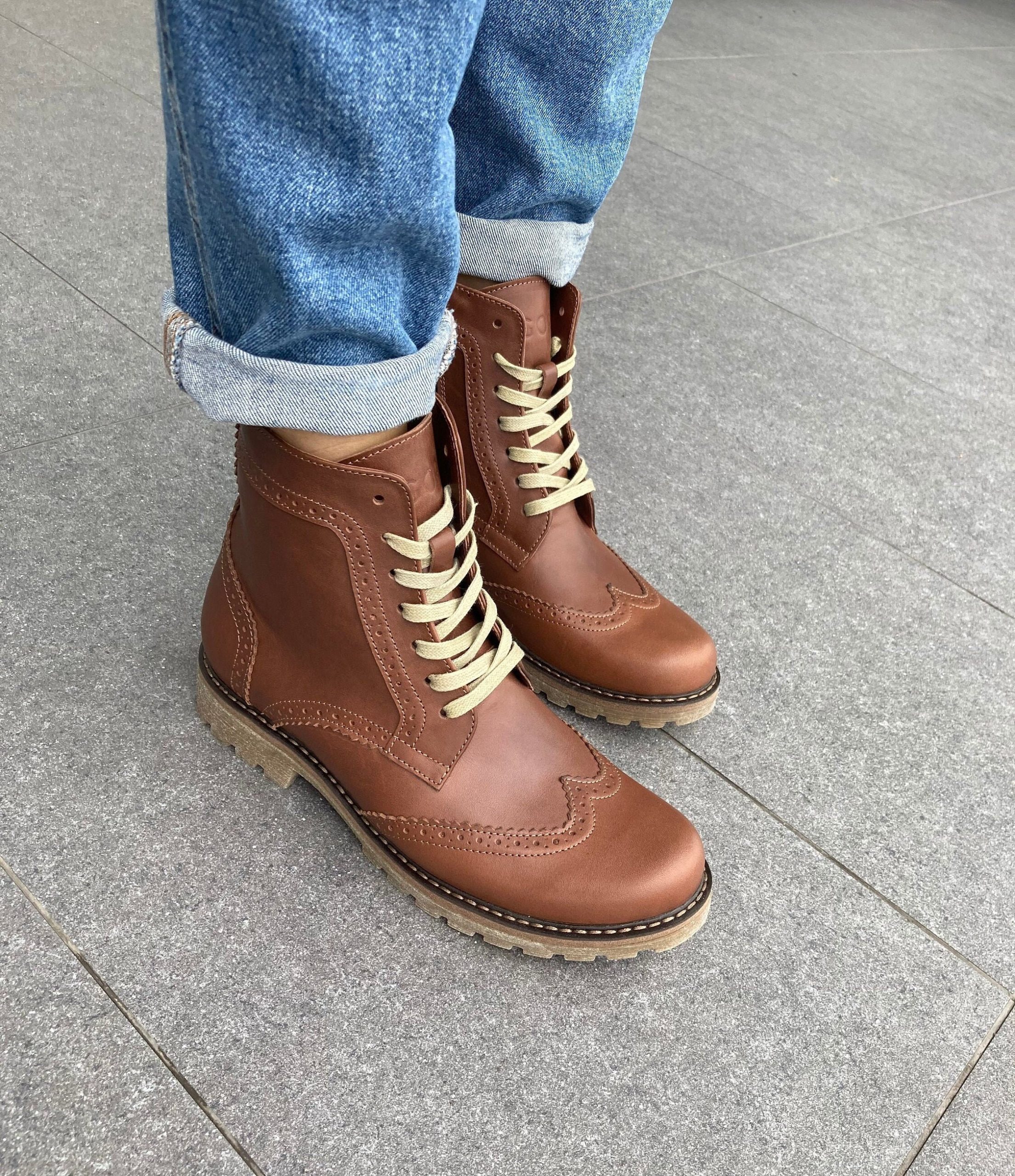 Brown Leather Women Brogue Boots, Brown Winter Boots