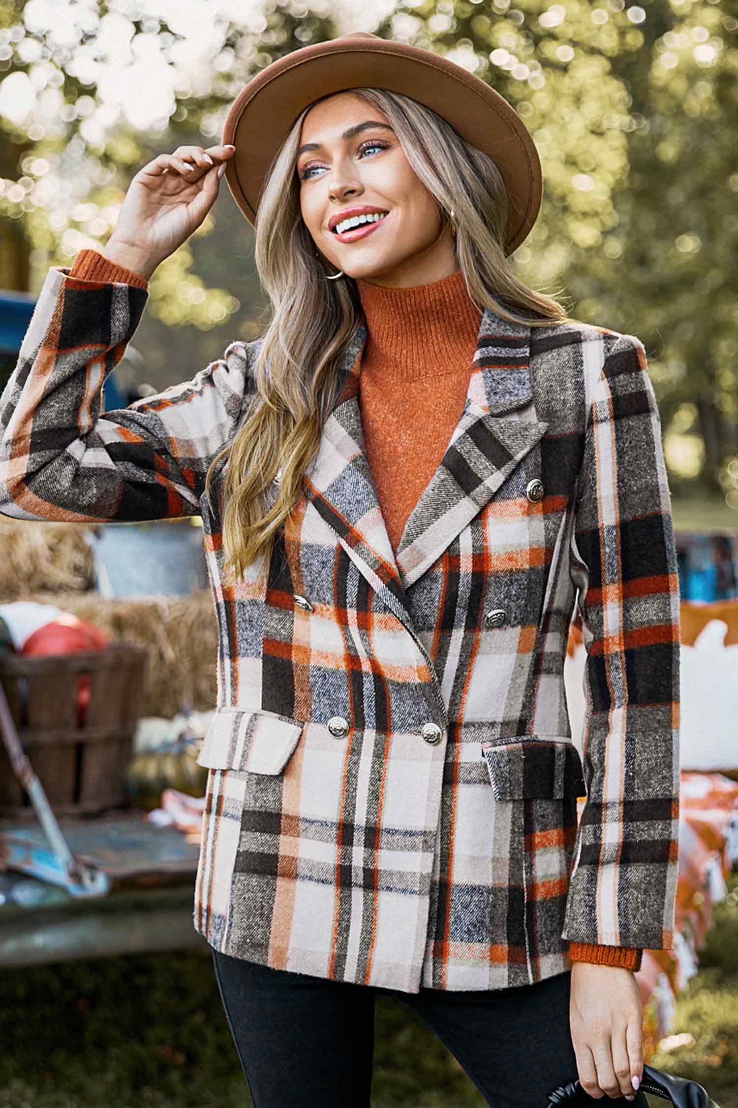 Brown Plaid Double-Breasted Blazer - S