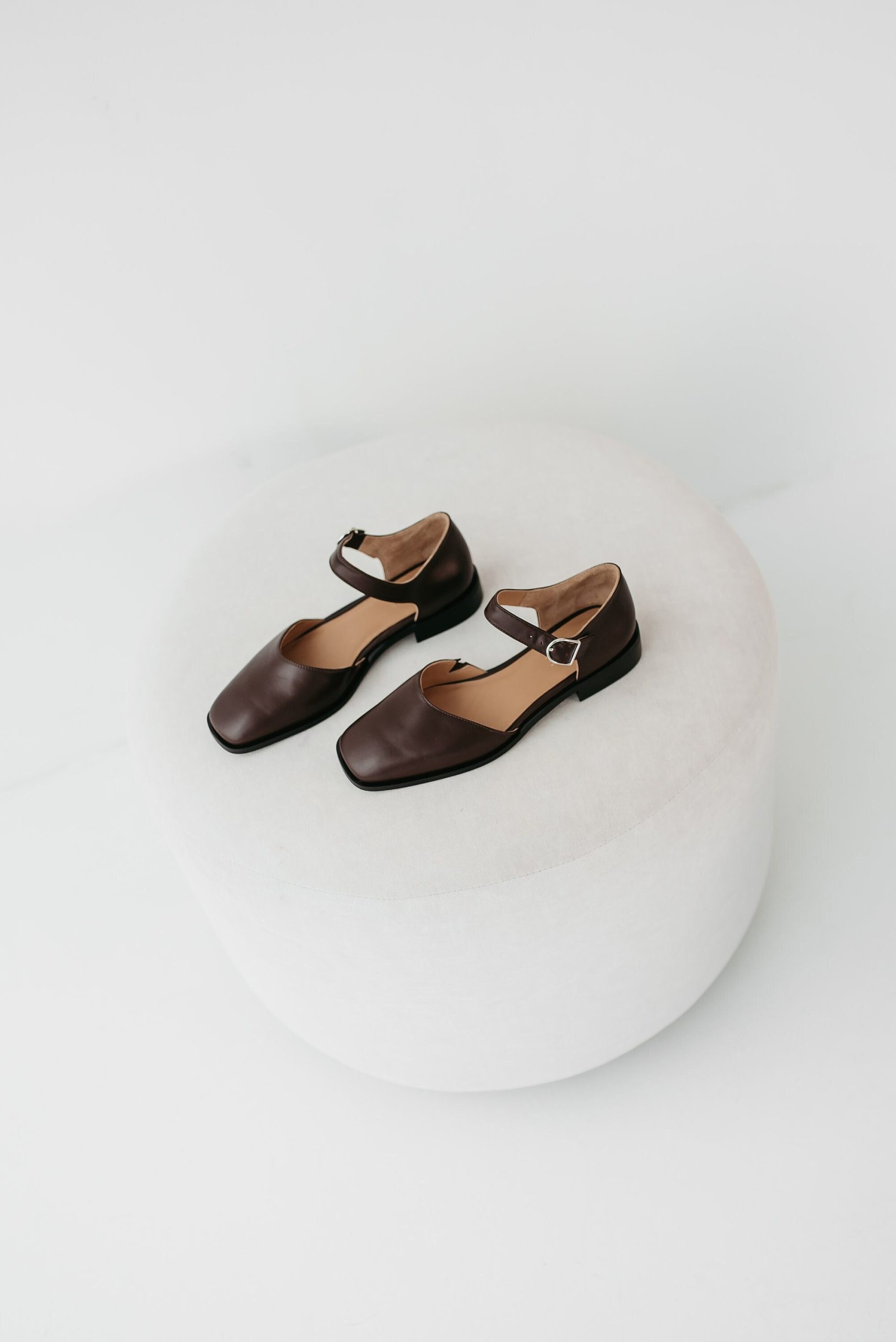 Brown Square Toe Mary Janes in Leather, Women Flats Shoes, Low Block Heel With Strap, Custom Wide Ballet Flat Silver Buckle