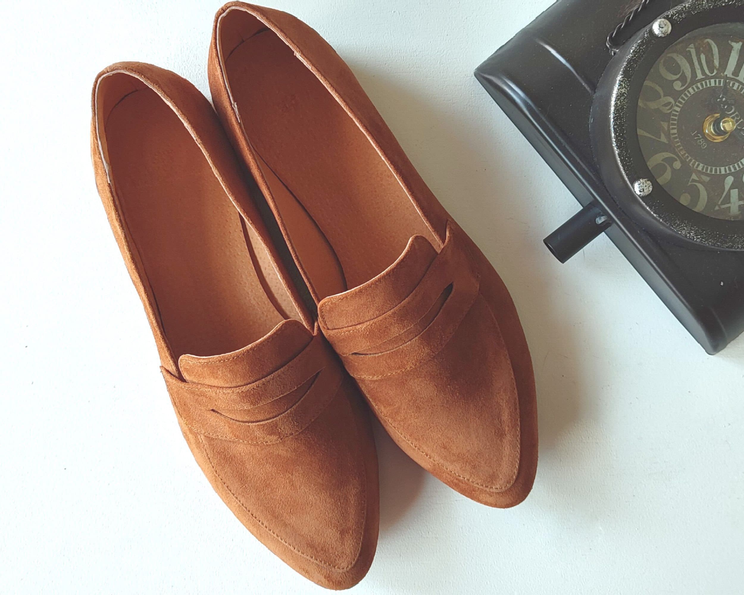 Brown Suede Loafers For Women, Slip-On Moccasins, Pointy Toe, Minimalist Design, Formal Elegant Business Look, Warm Leather Shoes