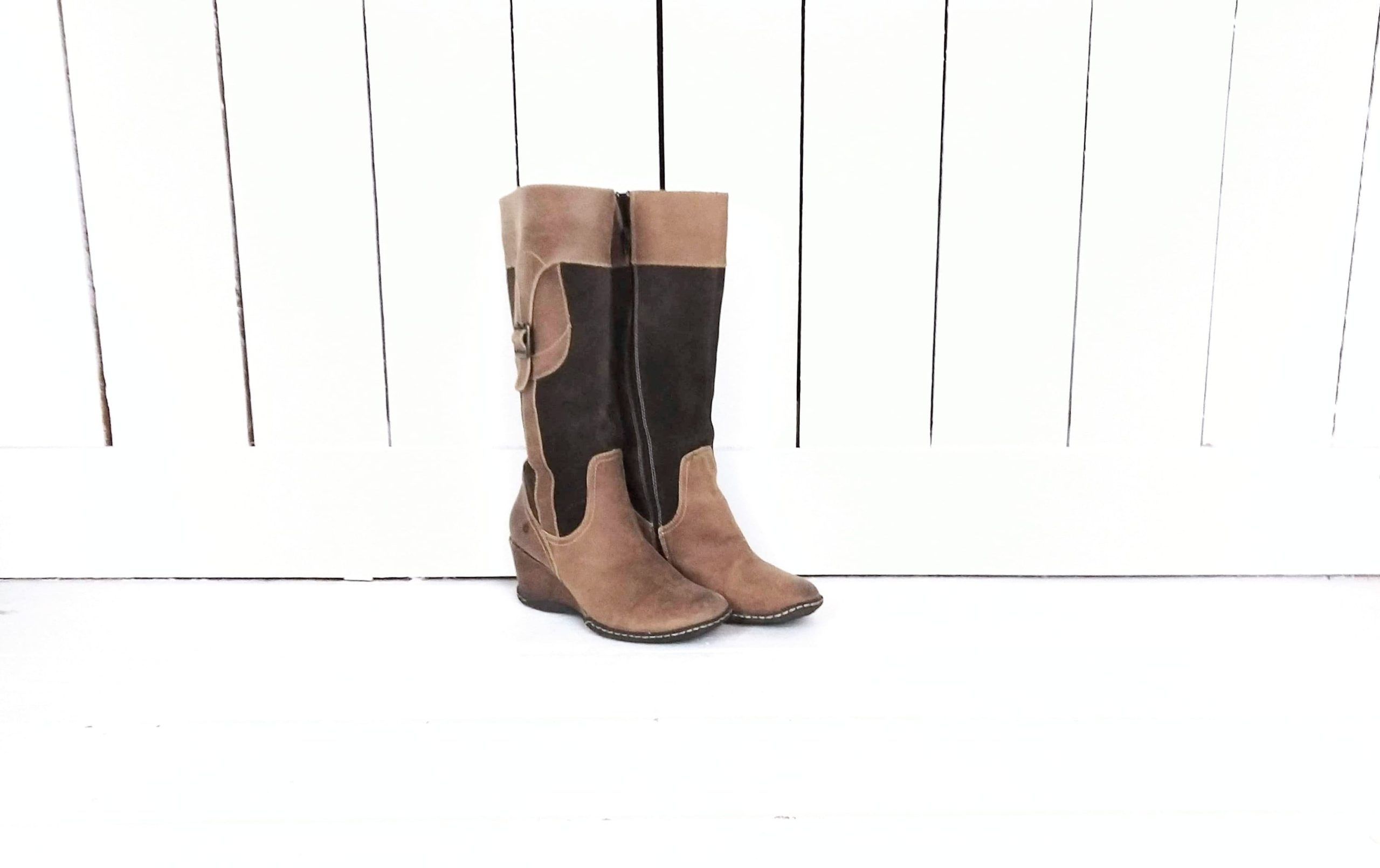 Brown Tall Suede Leather Wedge Boots/Knee High Riding Boots/Boho Festival Boots/7.5 M