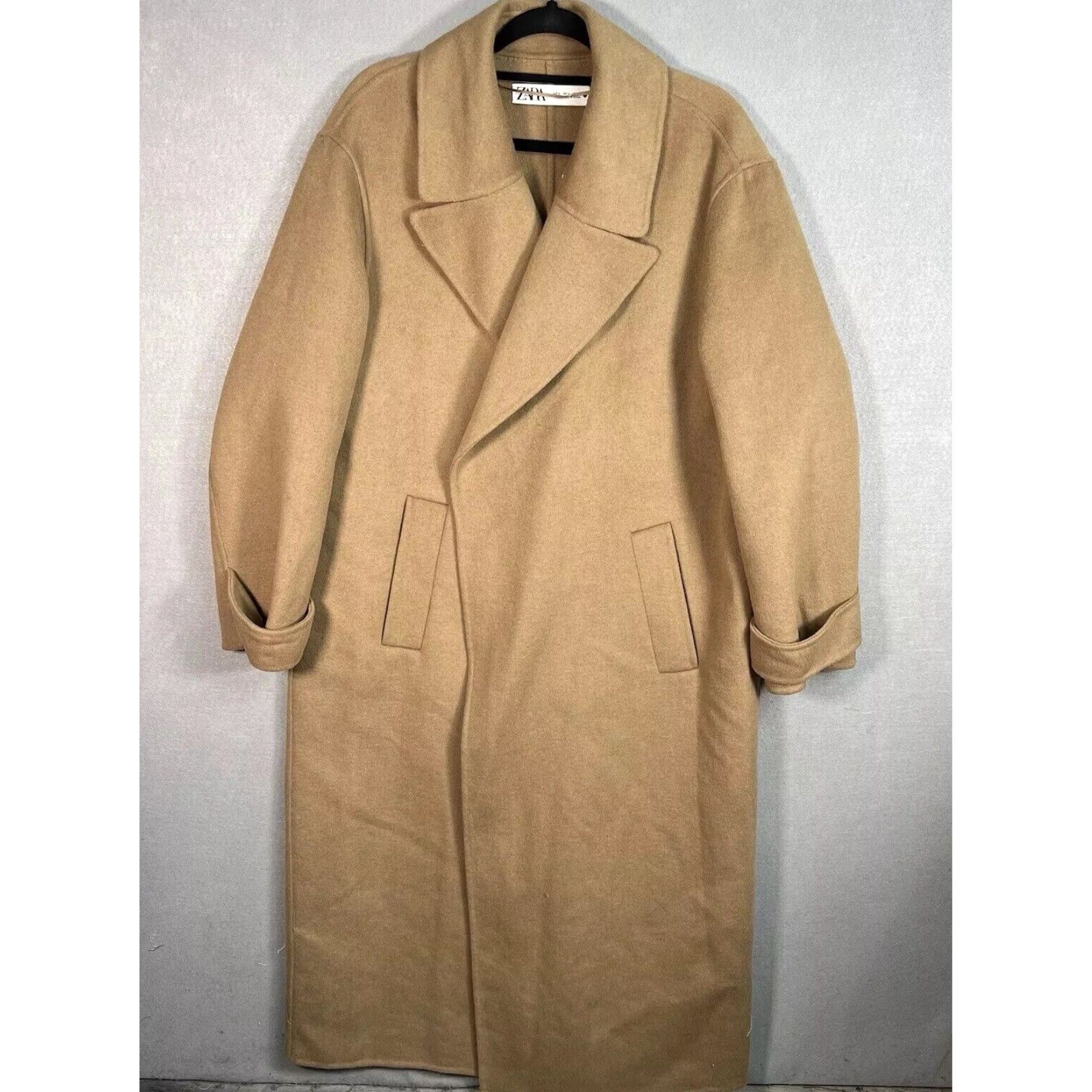 Brown Wool Blend Womens Pea Coat By Zara In Large Size With Wrap Style Design No Included Belt in White