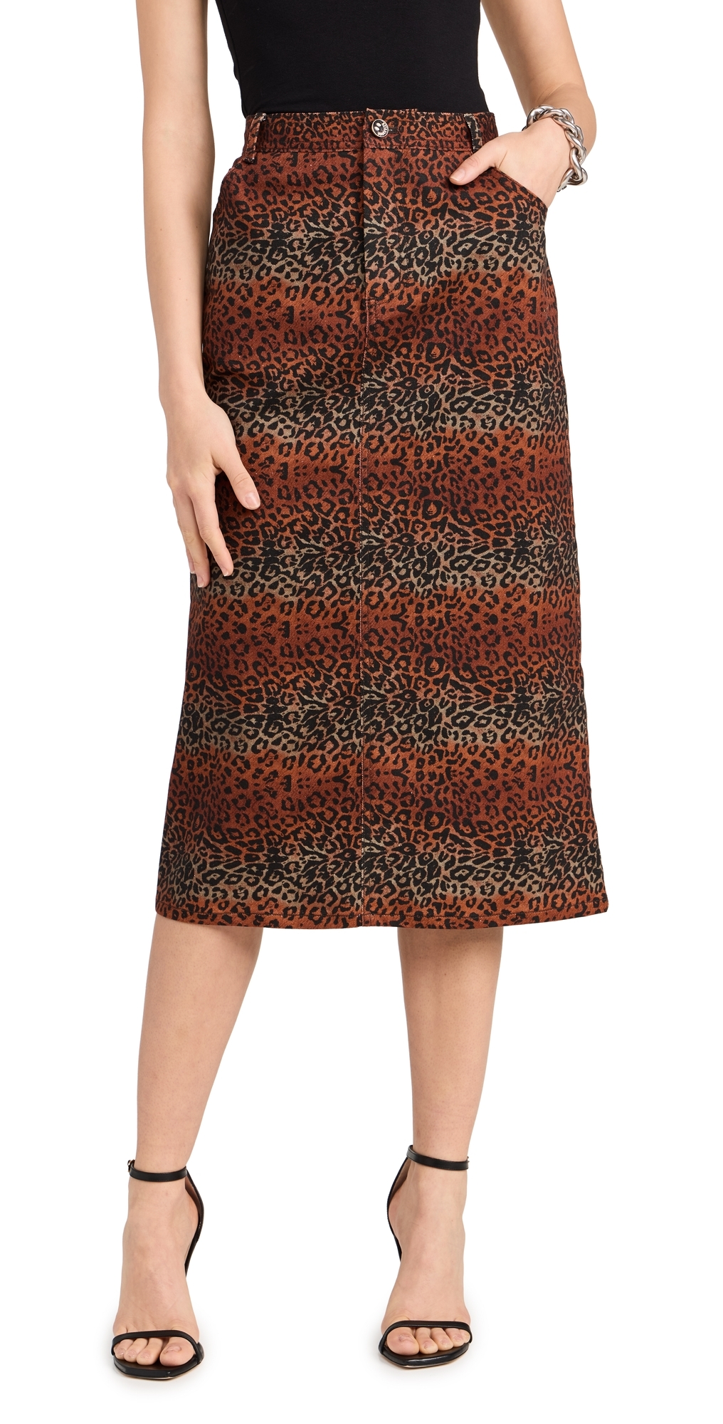 BruceGlen Linear Leopard High Waist Midi Denim Skirt Linear Leopard 27