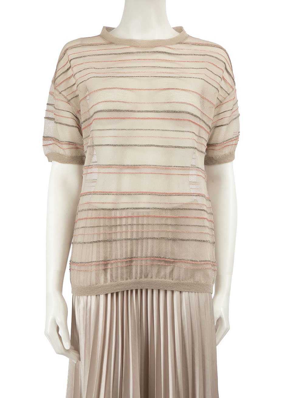 Brunello Cucinelli Beige Mesh Striped Metallic Top