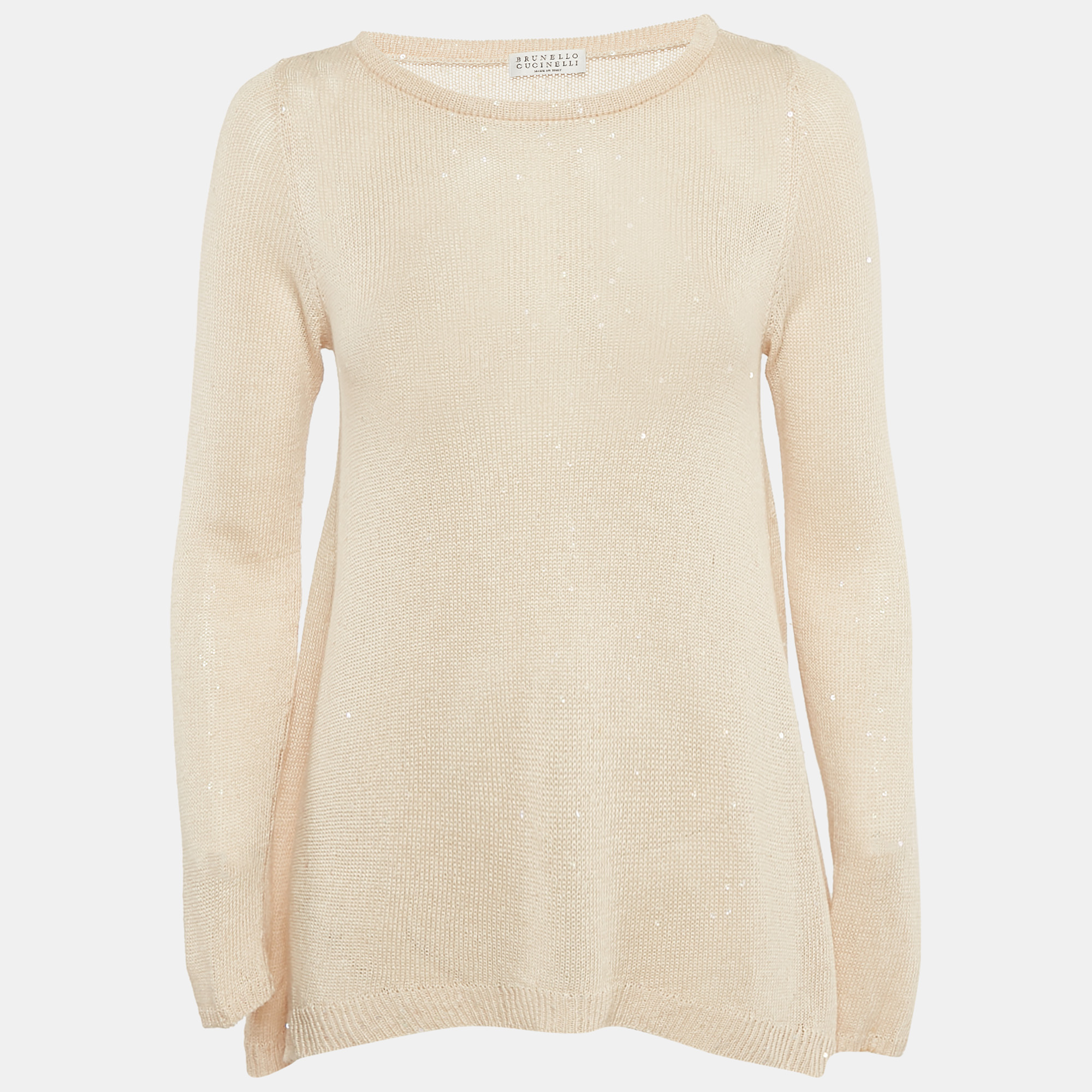 Brunello Cucinelli Beige Sequin Detail Linen and Silk Knit Top XS