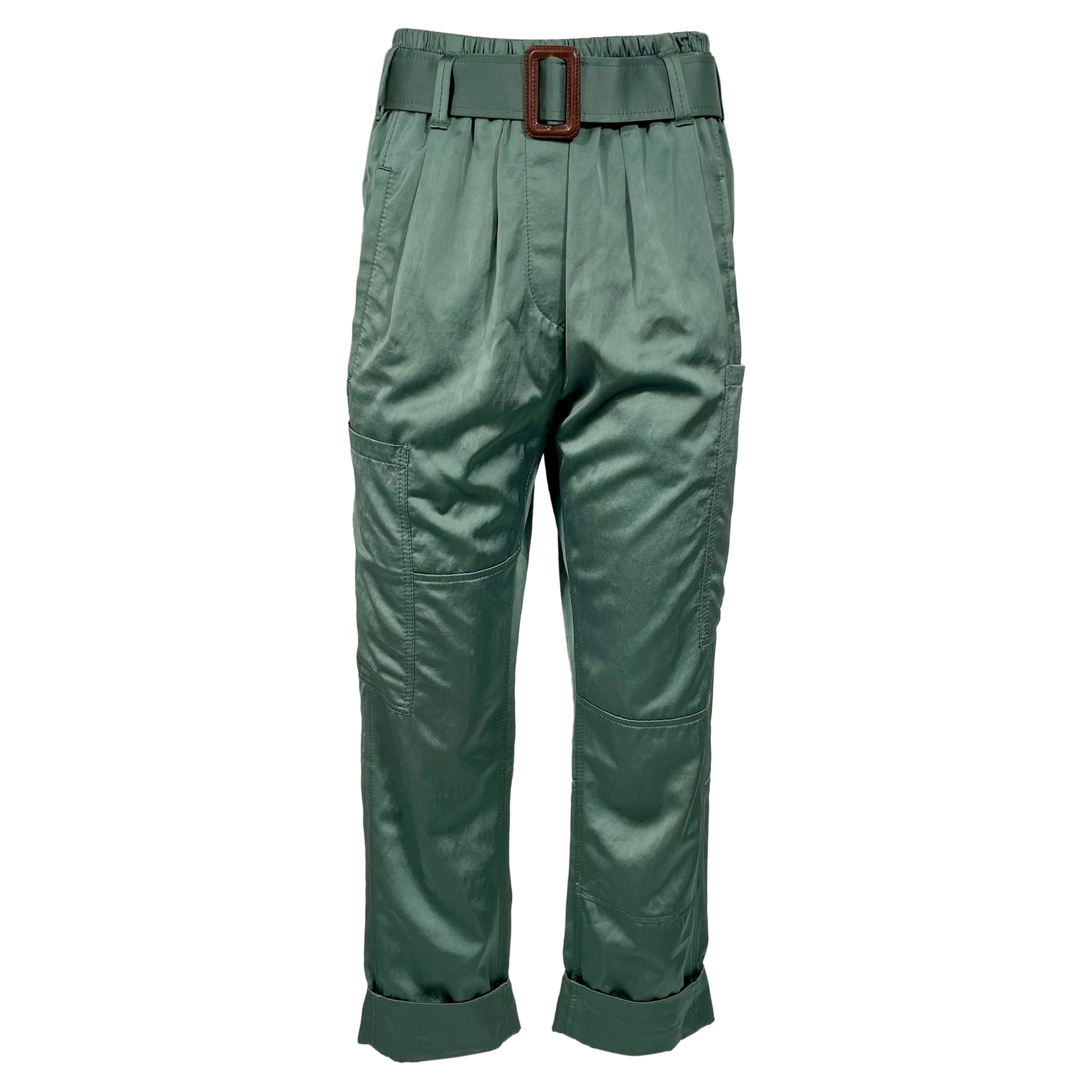 Brunello Cucinelli Belted Straight-Leg Cargo Pants in Green Polyester