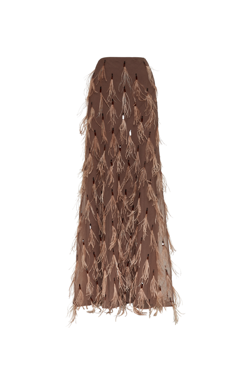 Brunello Cucinelli Crispy silk mermaid skirt with dazzling feather embroidery in Brown at Nordstrom, Size 36 It