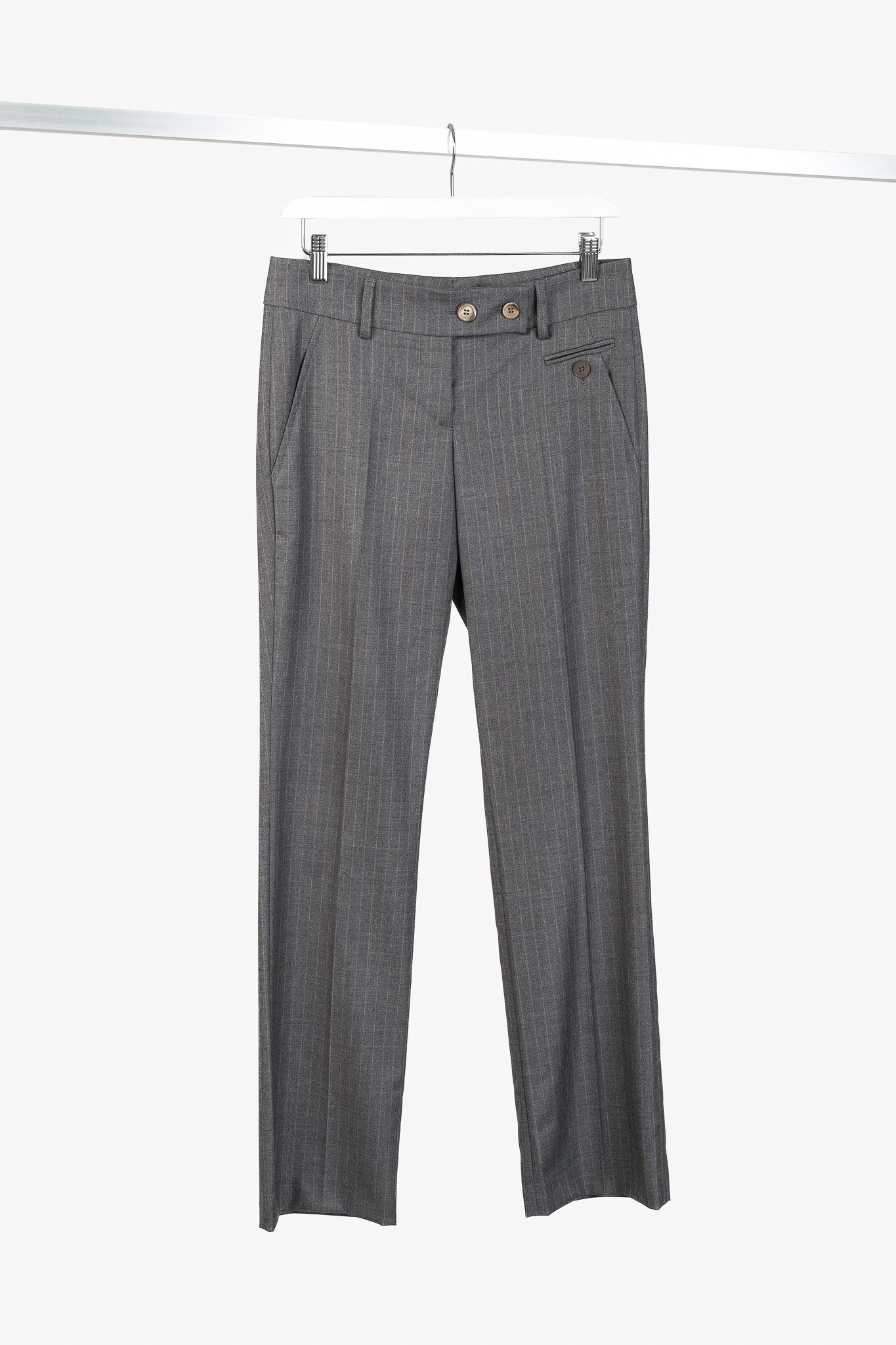 Brunello Cucinelli Pinstripe-Wool Straight-Leg Trousers in Grey, Women's (Size 27)