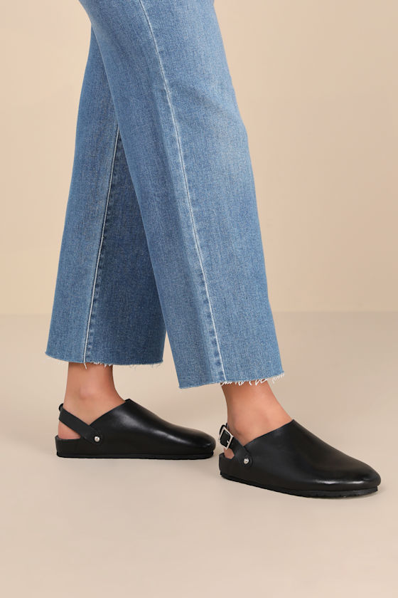 Buckle Up Black Leather Slingback Slip-On Clogs