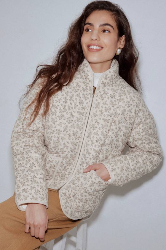 Bundled Perfection Light Beige Floral Quilted Puffer Jacket