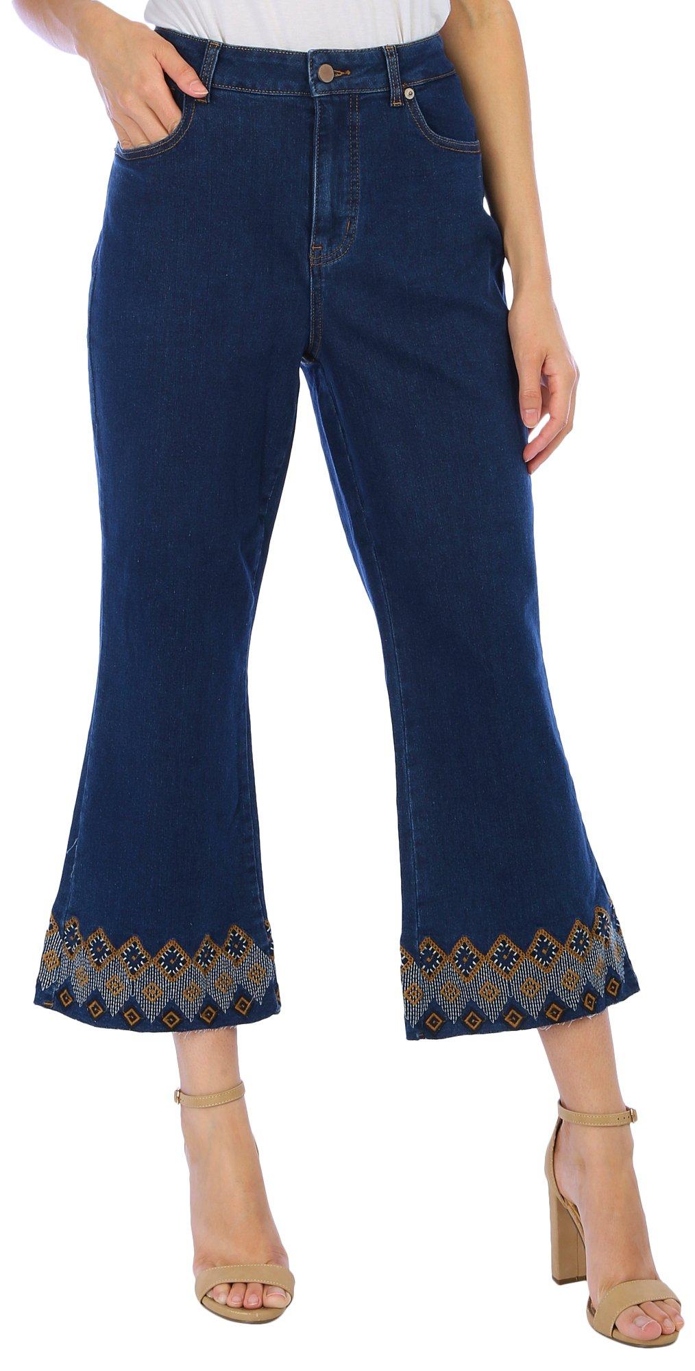 Bunulu Womens 25 in. Embroidered Crop Flare Jeans