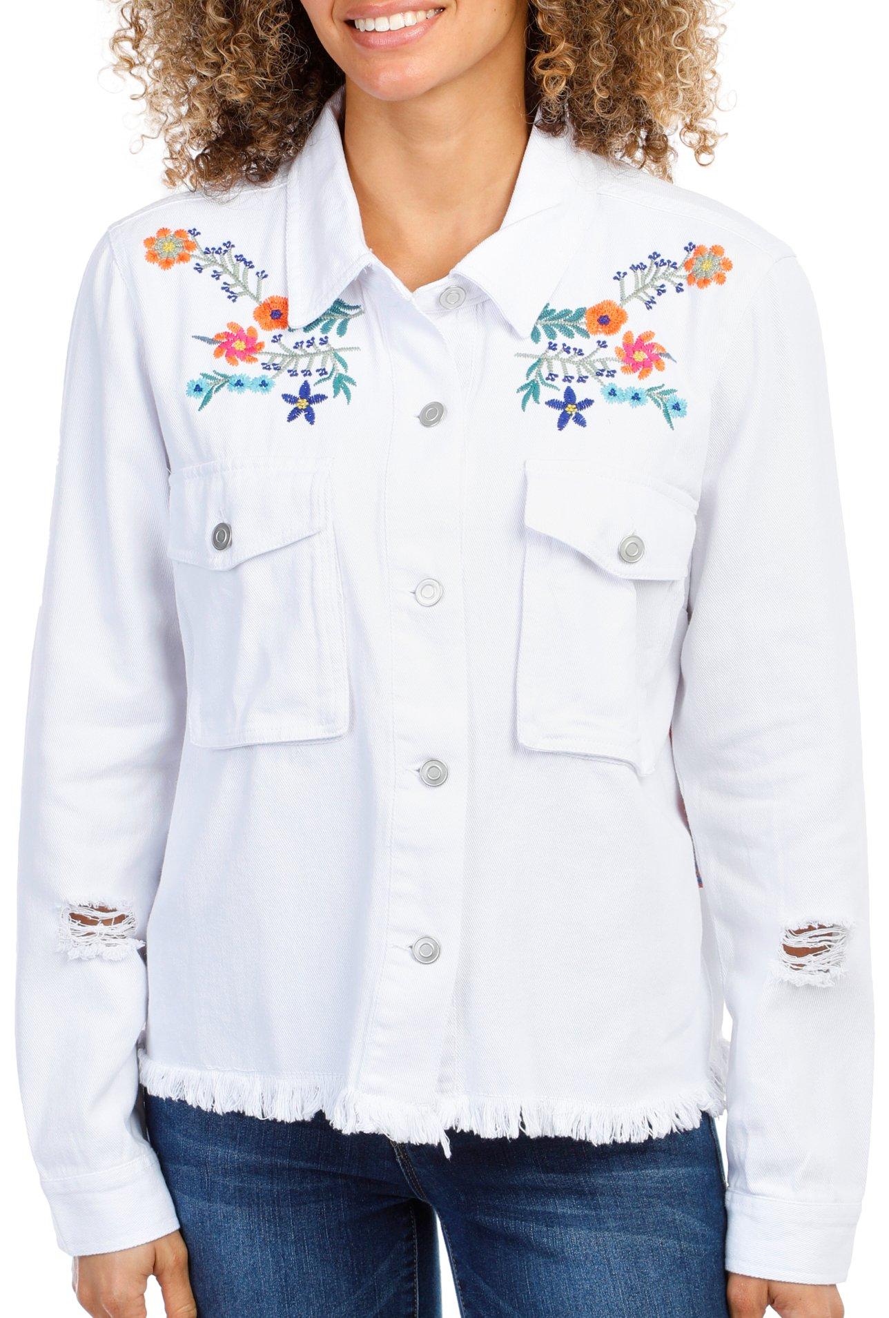 Bunulu Womens Embroidered Frayed Hem Jacket