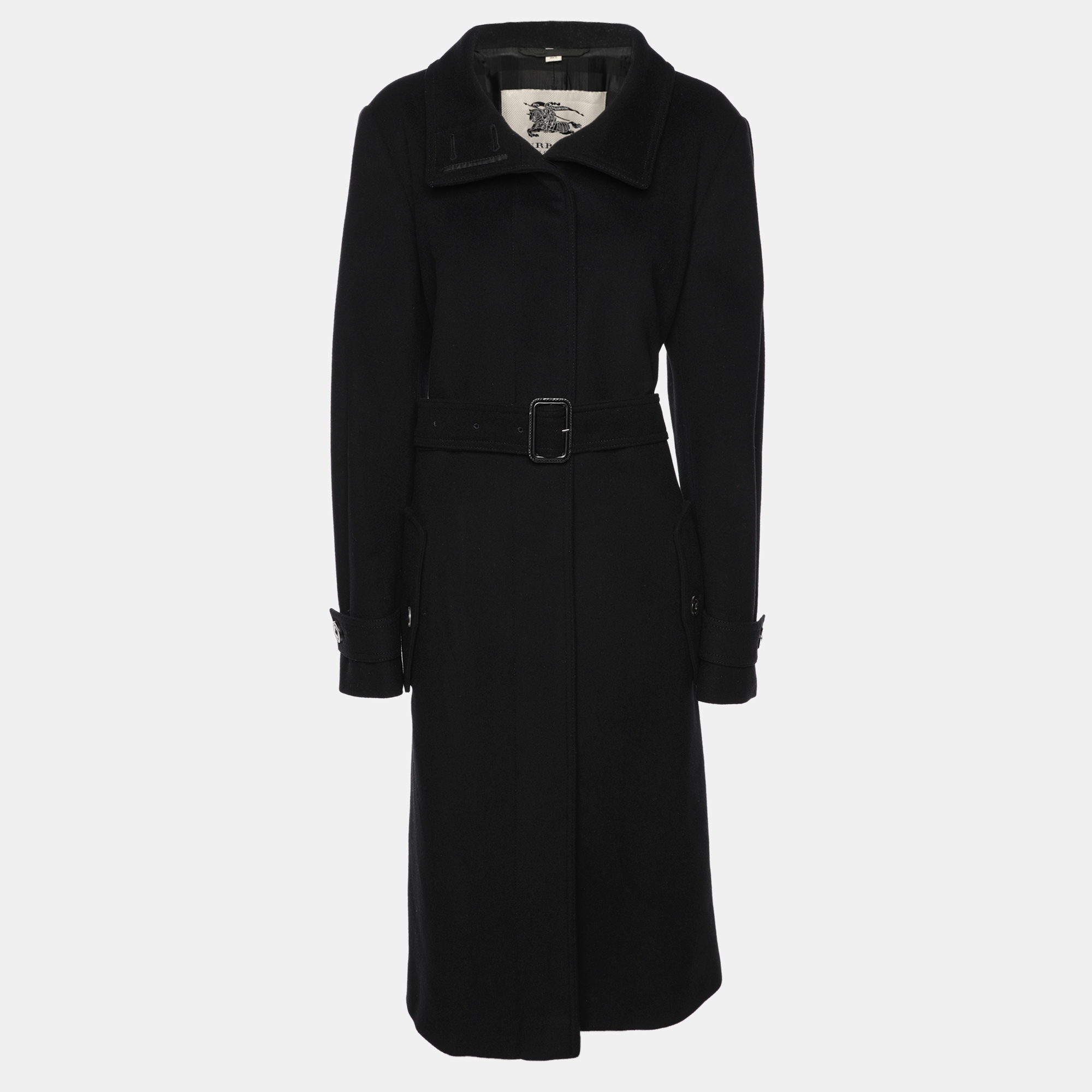 Burberry Black Wool Blend Belted Trench Coat L