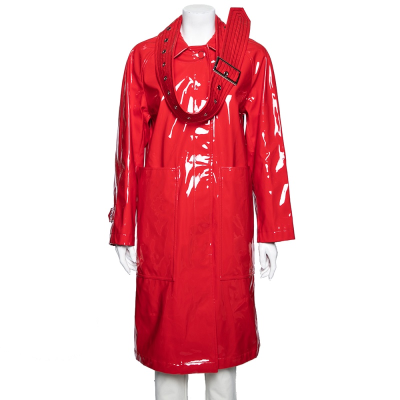 Burberry London Bright Red Faux Leather Belt Detail Coat S