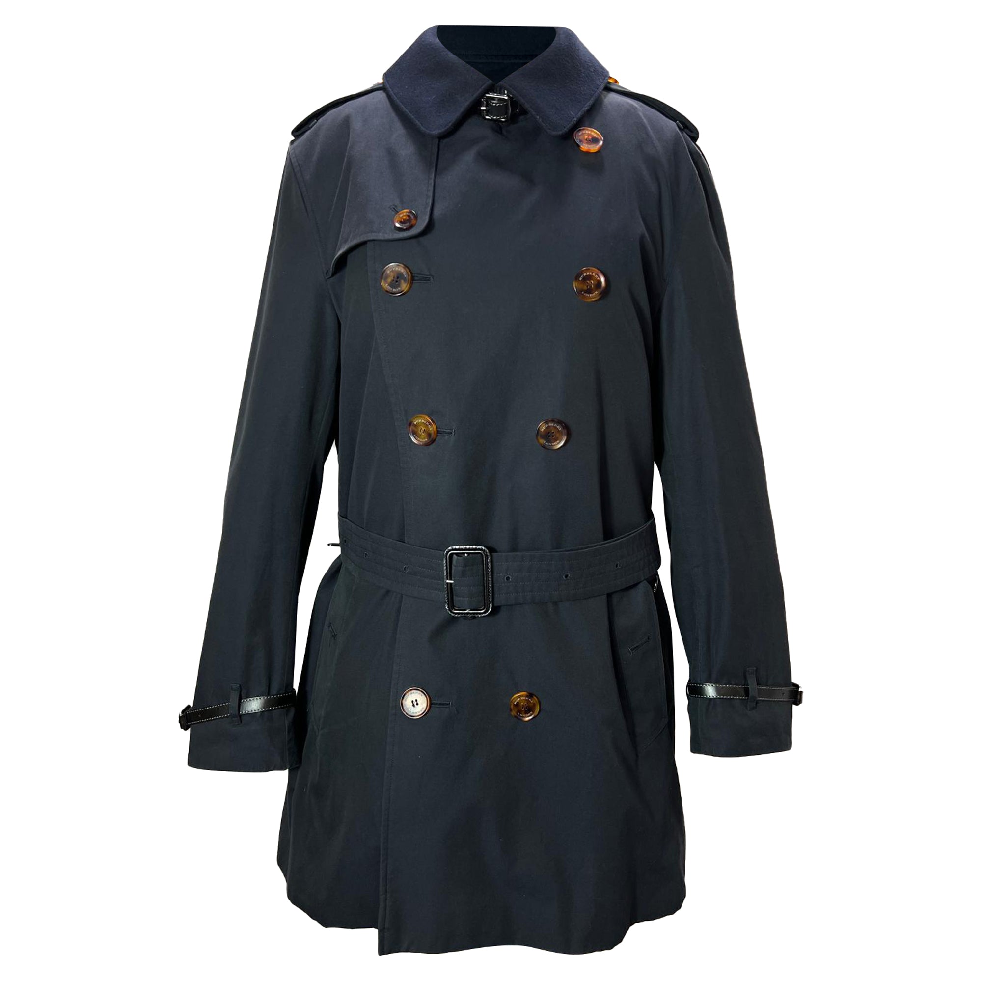 Burberry London Double-Breasted Trench Coat in Navy Blue Wool