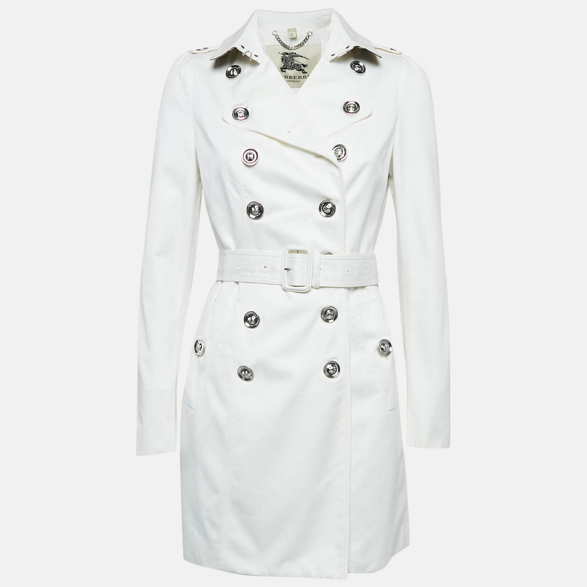 Burberry London White Cotton Double Breasted Slim Fit Trench Coat S