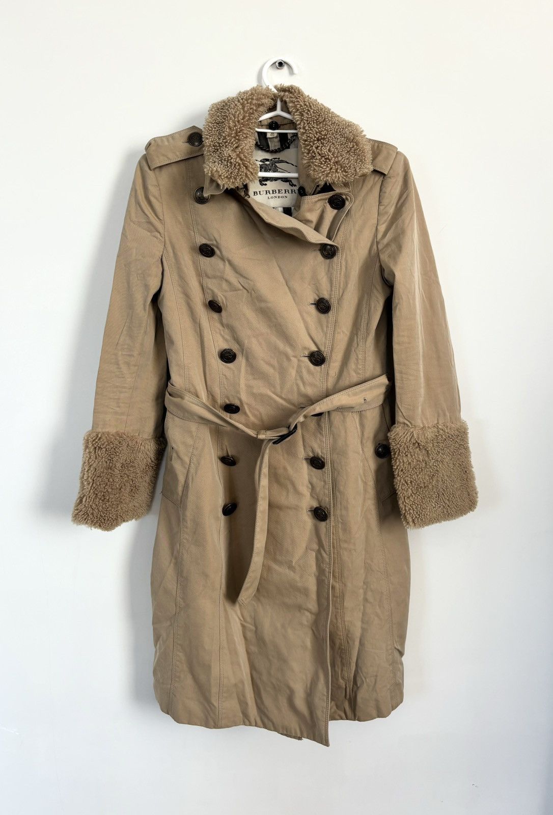 Burberry Shearling Trench Coat in Beige, Women's (Size XS)