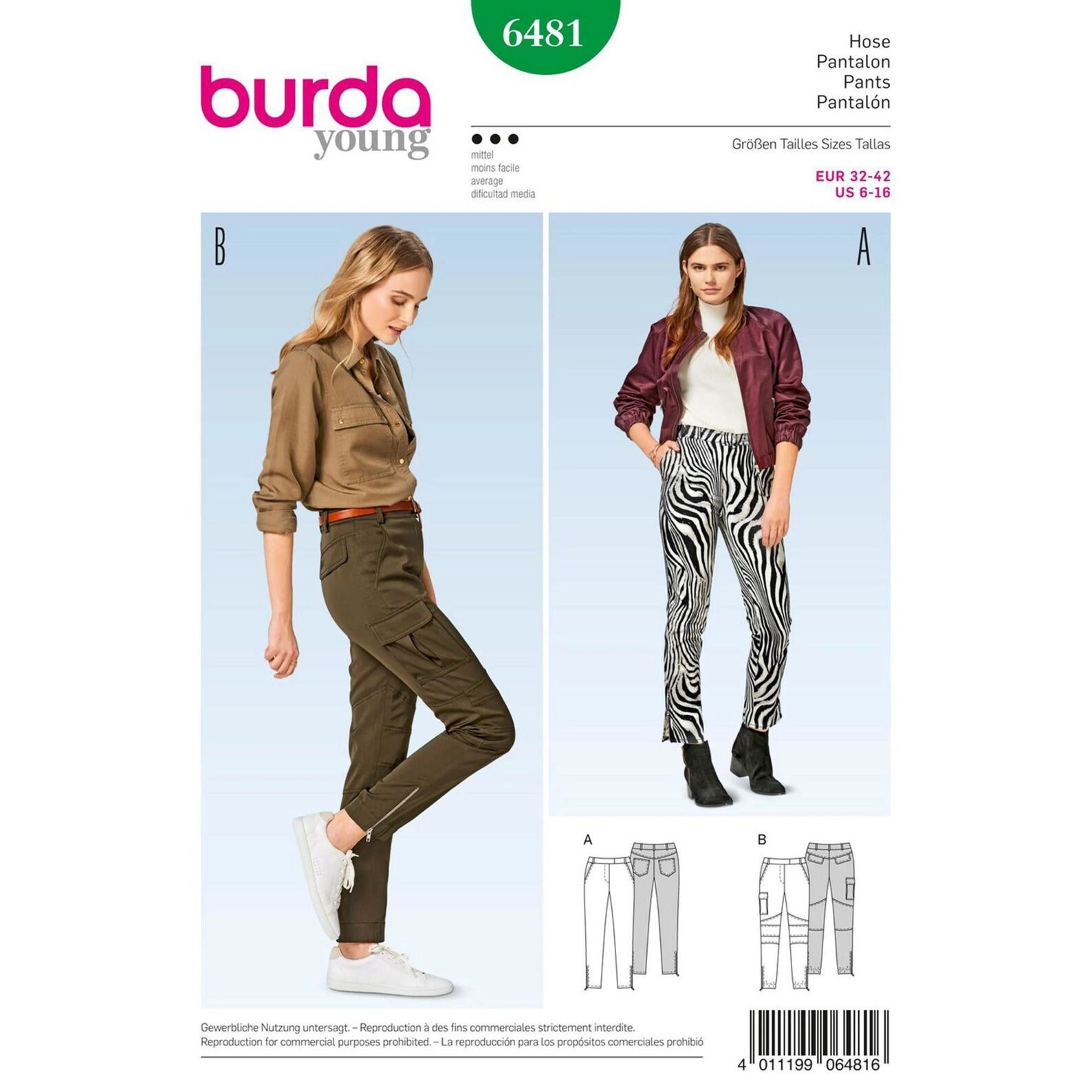 Burda Sewing Pattern 6481 Skinny Fit Jeans Trousers Size 6-16