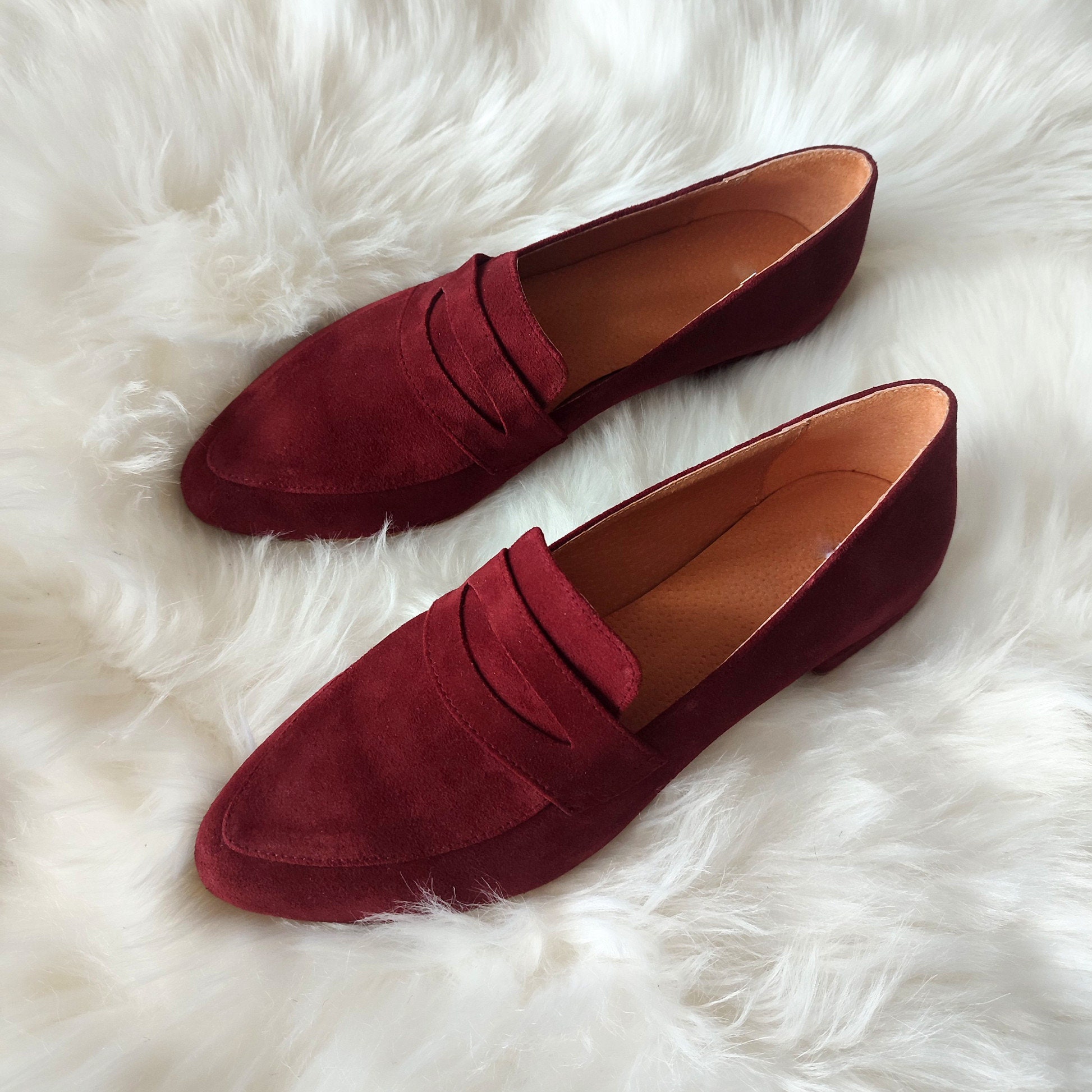 Burgundy Suede Loafers, Pointy Toe Low Heel, Wine Red Leather Moccasins, Women's Business Look, Slip-On Stylish Shoes, All-Day Comfort